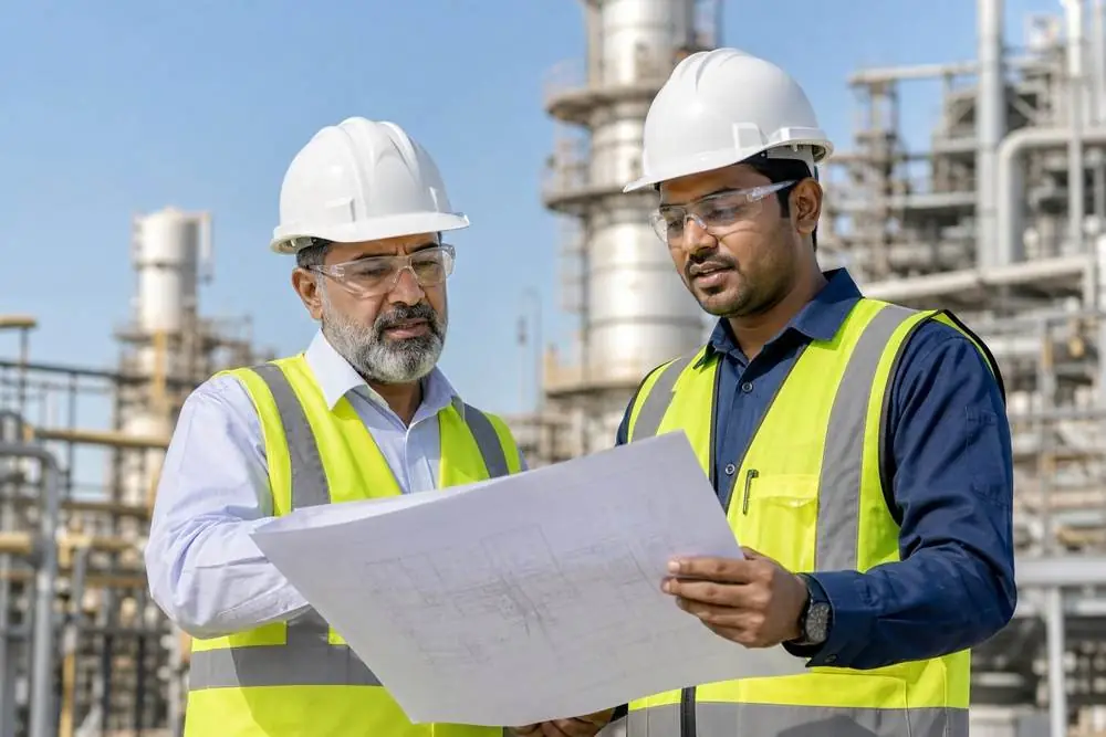 Engineers reviewing blueprints at an industrial plant